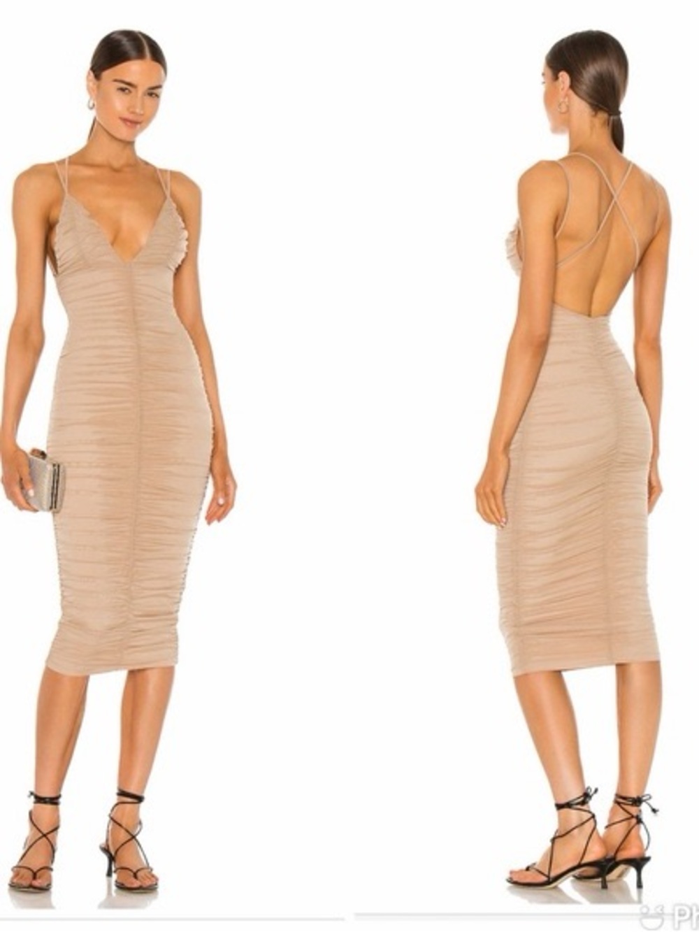Michael Costello / Revolve Sleeveless Ruched Midi Dress in Nude